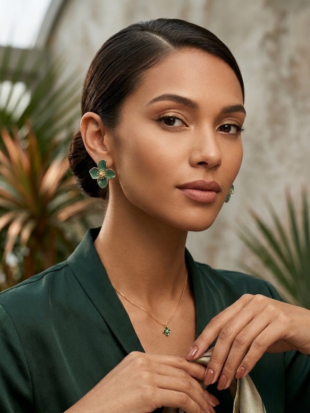 Green Enamel Flower Stud Earrings - Women's Jewelry